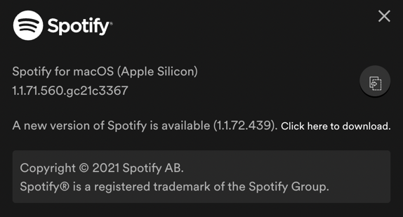 spotify mac - about spotify - update available