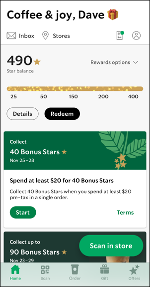 starbucks mobile app - main home screen points