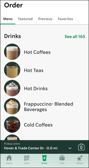 starbucks mobile app - order here - main menu