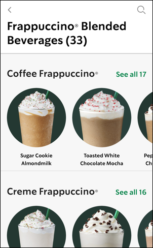 starbucks mobile app - menu - frappuccino choices