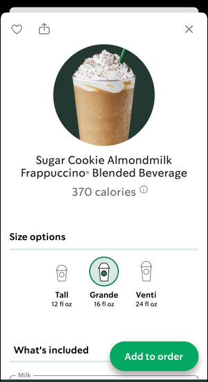 starbucks mobile app - sugar cookie almondmilk coffee frrappuccino - calories