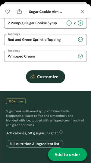 starbucks mobile app - sugar cookie almondmilk coffee frrappuccino - customize button