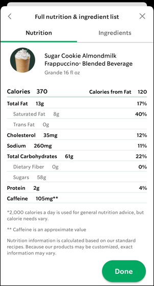 starbucks mobile app - sugar cookie almondmilk coffee frrappuccino - full nutrition info label fat sugar sodium