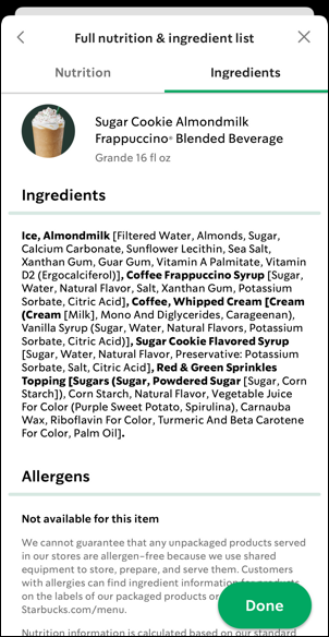 starbucks mobile app - sugar cookie almondmilk coffee frrappuccino - ingredients list