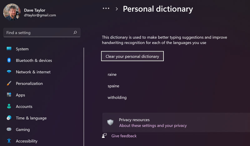 win11 system settings > dictionary > personal spelling