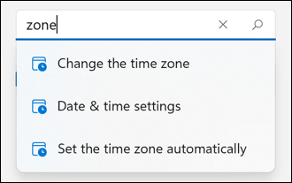 win11 settings - search for zone timezone