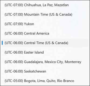 win11 settings - date & time - list of time zones timezones