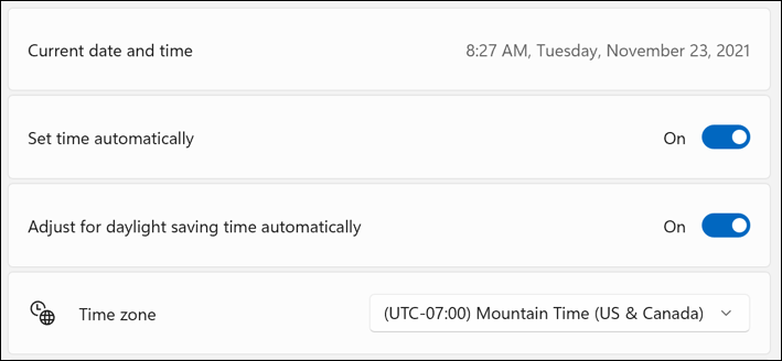 win11 settings - date & time - switch to mountain time