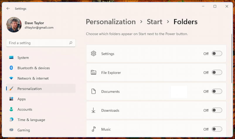 windows 11 start menu customization settings - folders add start