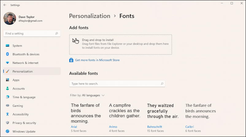 windows 11 - settings - fonts