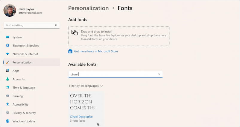 windows 11 settings > personalize > fonts > search for cinzel