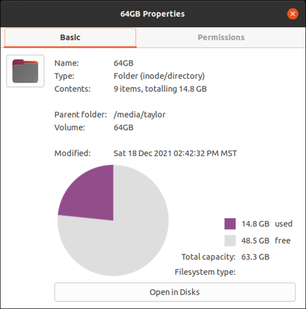 ubuntu linux - usb flash drive - properties free space