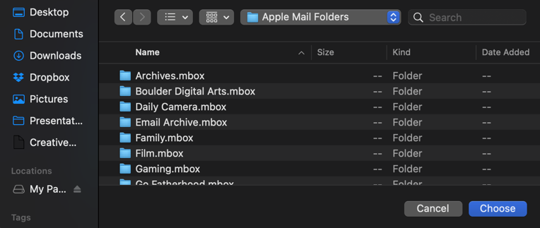 apple mail mac - import email folders - choose folder