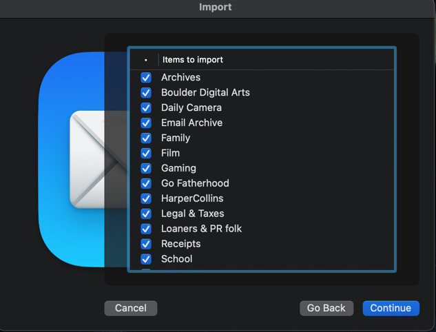 apple mail mac - import email folders - import all files?