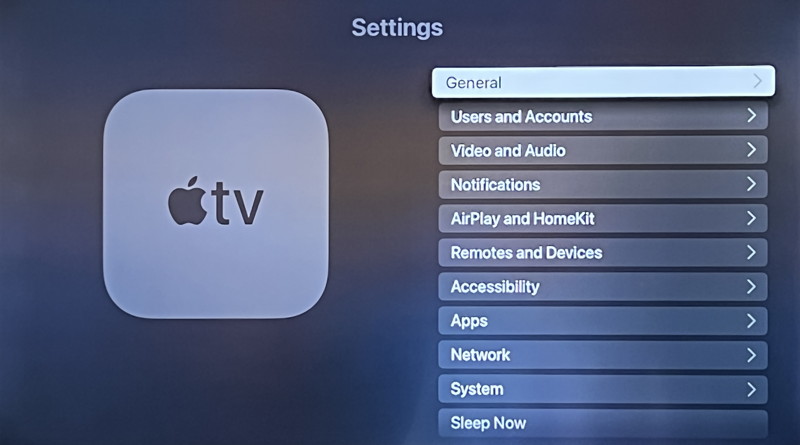 factory reset appletv device - settings main menu