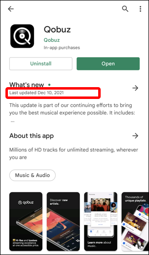 qobuz android app - last update in google play app store