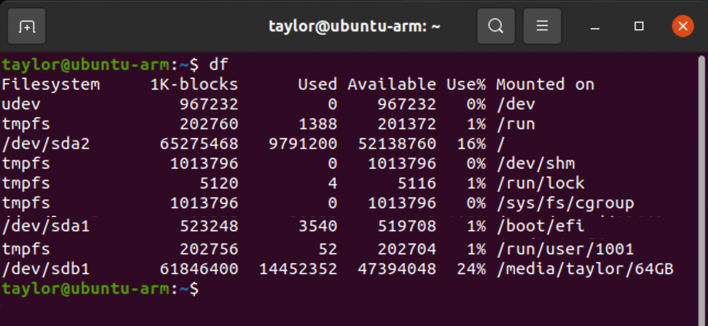 ubuntu linux df -h command