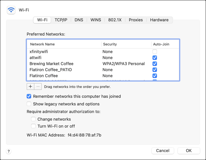 macos 12 - connected to wrong wifi network - system preferences- network - advanced