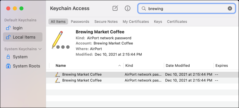 mac macos keychain access - search for brewing