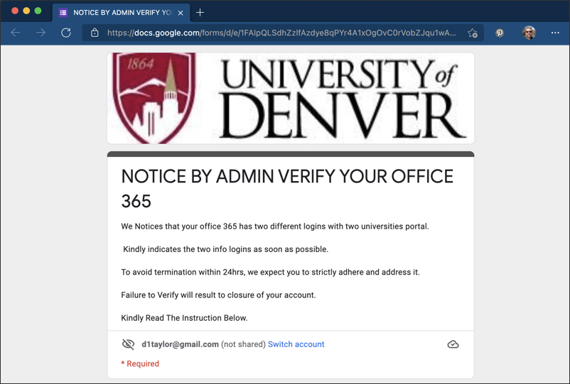 google forms - verify two office 365 accounts scam phishing attack - 
