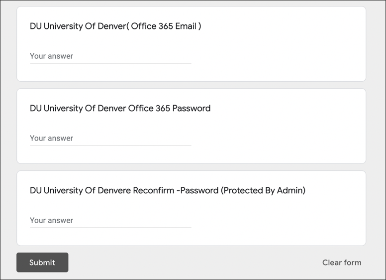 google forms - share passwords - office 365 phishing scam