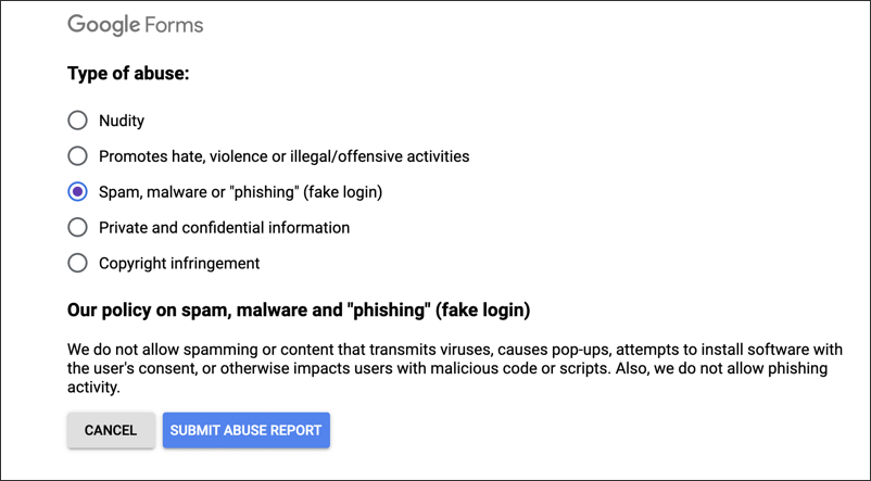 google forms - phishing scam spam reported