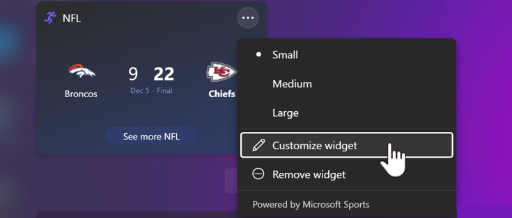 win11 widgets customize sports - settings menu