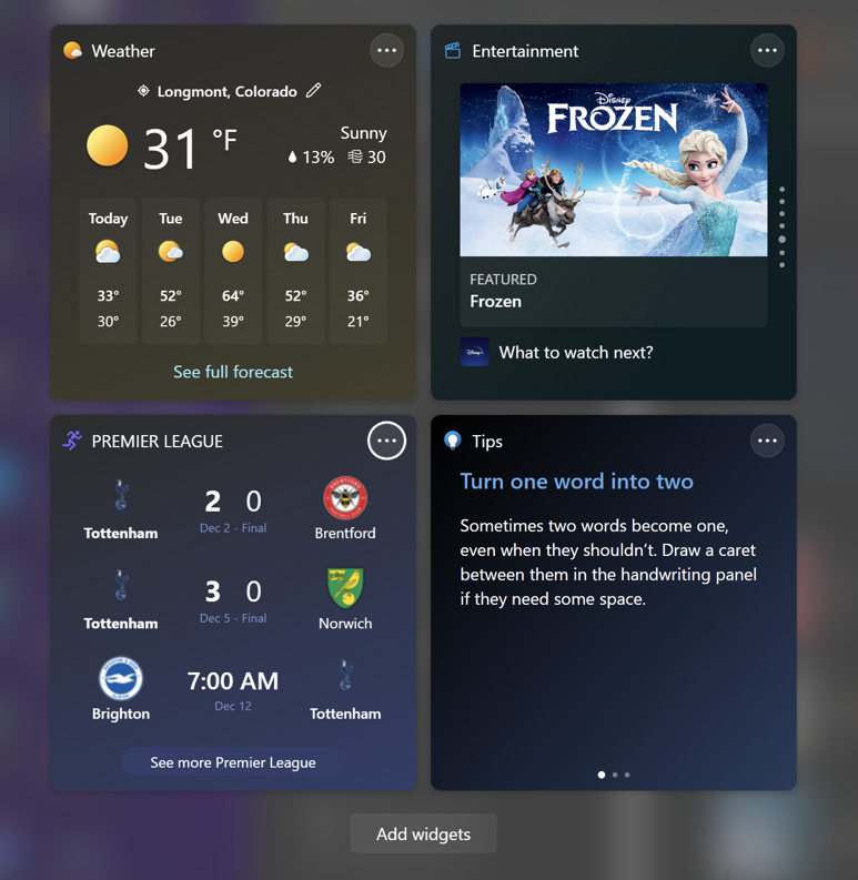 win11 widgets customize sports - entertainment sports soccer frozen