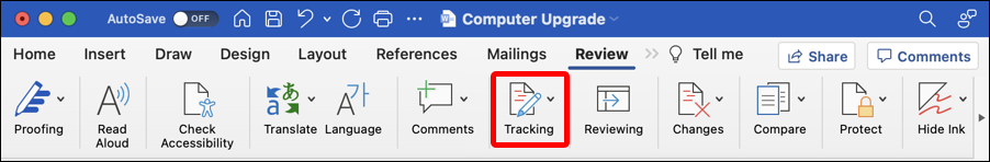 word for mac - revision tracking - tracking revisions ribbon bar