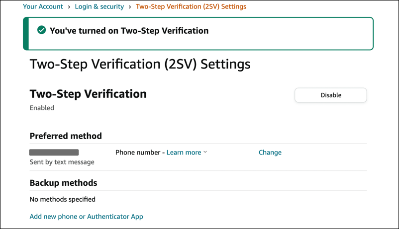 amazon enable 2fa two factor login security - enabled done set up working