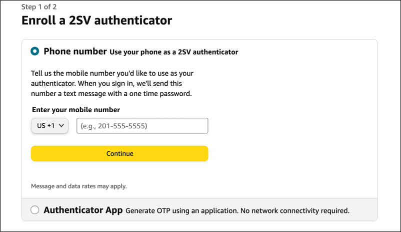 amazon enable 2fa two factor login security - verify phone number text sms