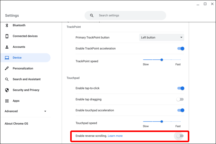 chrome os scrolling settings options preferences