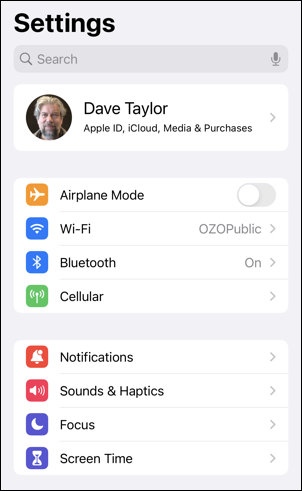 ios iphone settings - haptics - main settings screen