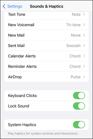 ios iphone settings - haptics - lock sound
