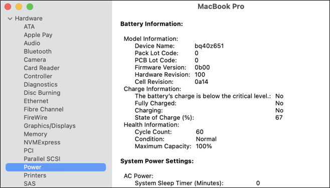 macos monterey - system report - charging cycles