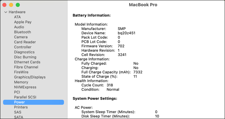 macos big sur - system report - power - charge cycles