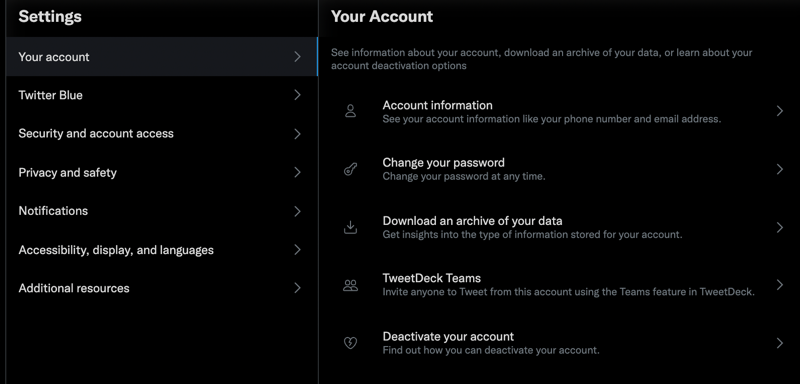 twitter web site - more - settings and privacy - general account 