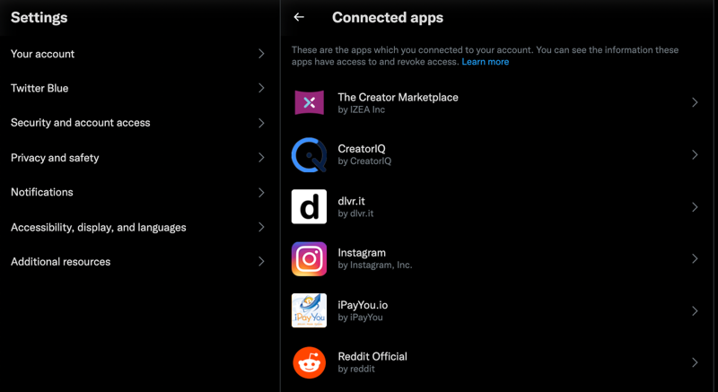 twitter web site - more - settings and privacy - connected apps