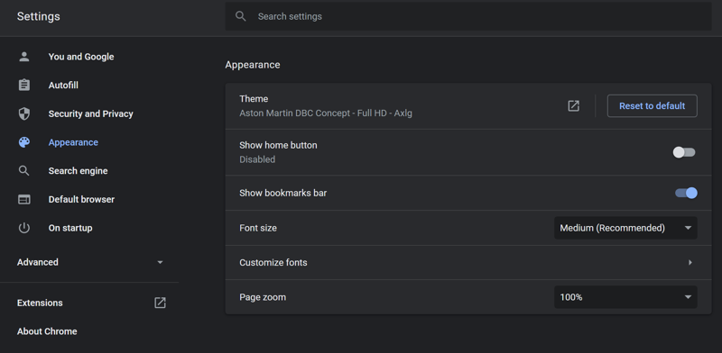 google chrome menu - settings - appearance