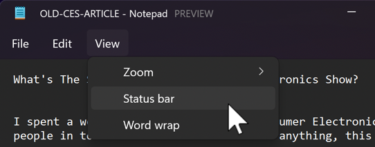 win11 notepad basics - view menu