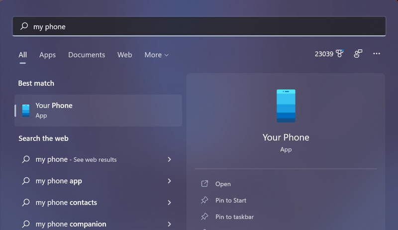 win11 search for 'my phone'