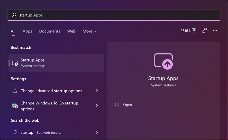 win11 startup apps - windows search for 'startup'