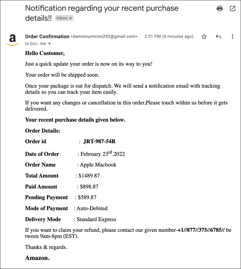 amazon macbook purchase receipt scam email - the message