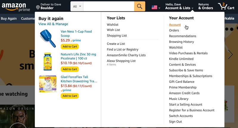 amazon.com main menu "Accounts & Orders"