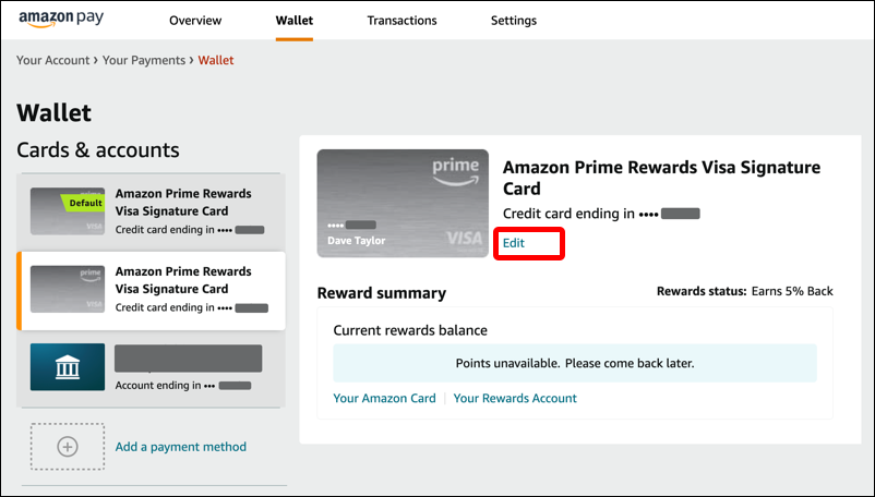 amazon.com payment methods credit cards on file - list