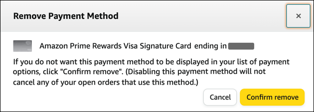 amazon.com payment methods credit cards on file - remove payment method