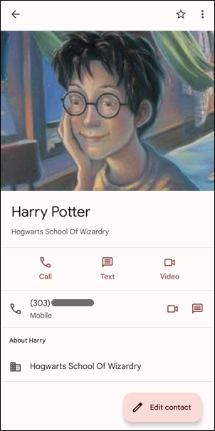 android contacts address book - how to add person - harry potter - full contact with photo