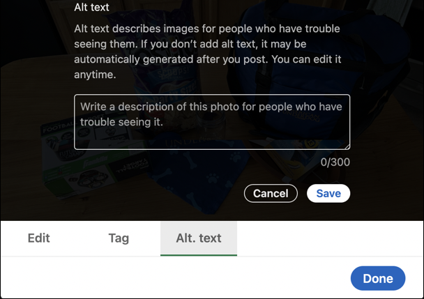 linkedin built-in photo editor - specify alt text