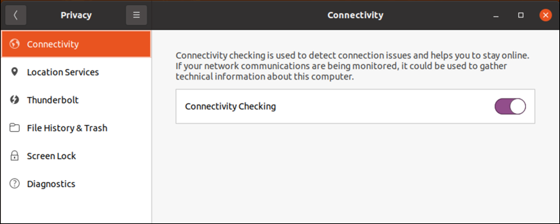 ubuntu linux - settings - privacy > connection