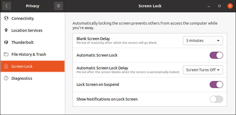 ubuntu linux - settings - privacy screen lock